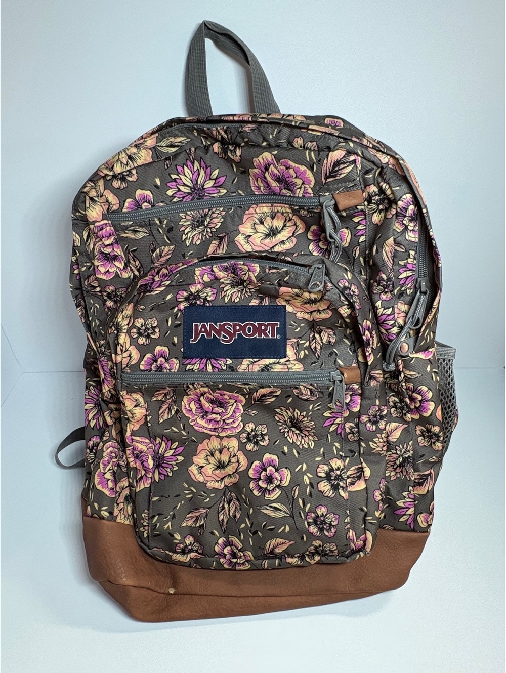 JanSport Cool Student Floral Backpack Brown Pink Faux Leather Bottom